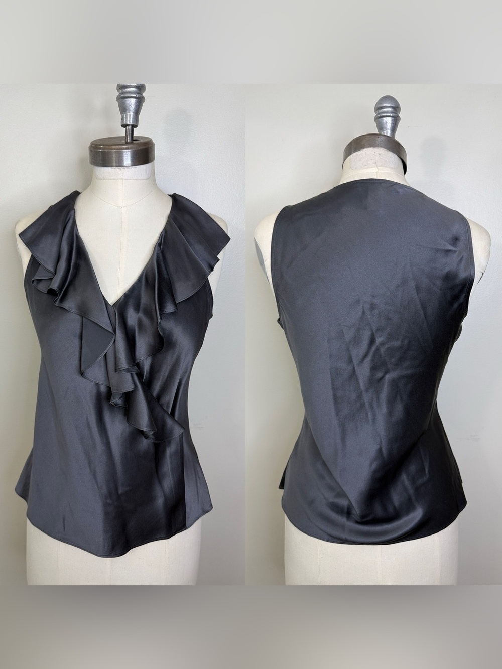 100% SILK LAUREN RALPH LAUREN RUFFLE NECK WRAP BLOUSE IN GRAY SIZE 6